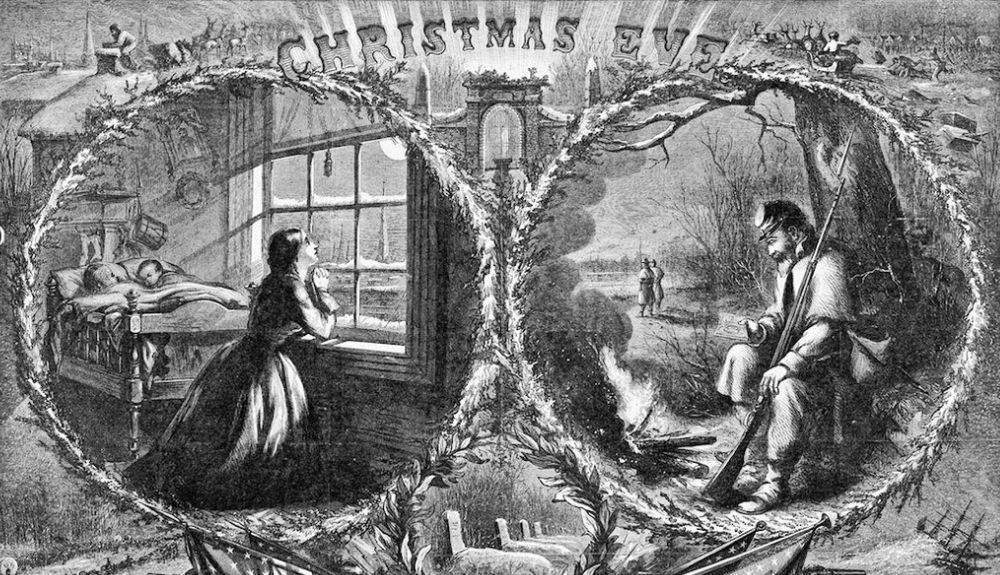 Segunda ilustración muestra a Papá Noel en su trineo, luego bajando por una chimenea,