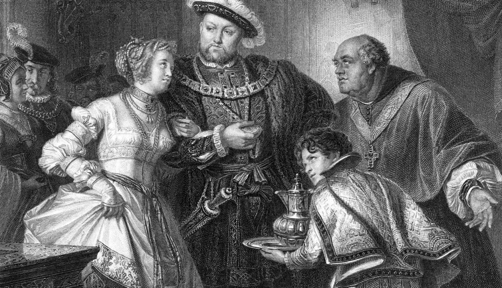Grabado histórico de 1876 que muestra a Enrique VIII conociendo a su segunda esposa, Ana Bolena.