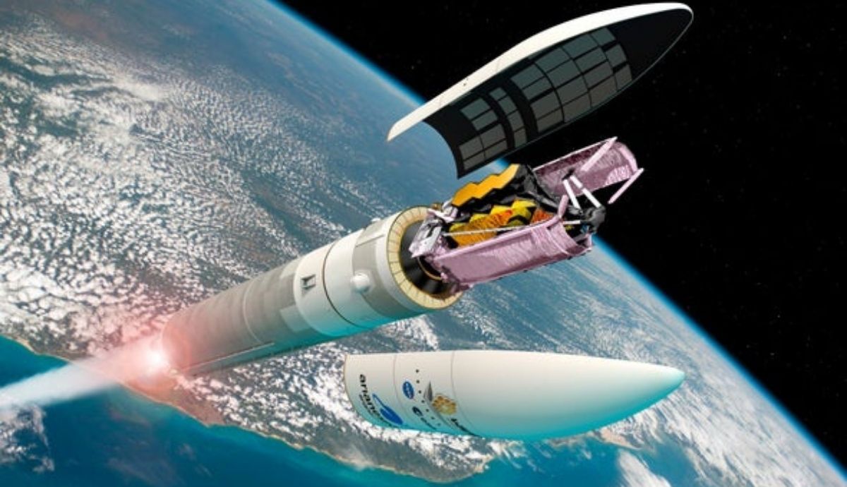 Impresión artística del Telescopio Espacial James Webb plegado y guardado dentro de su cohete Ariane 5.