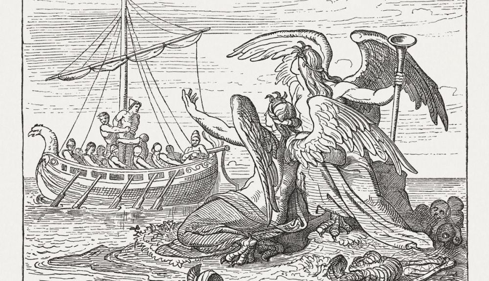 Ulises y las sirenas. Grabado en madera, publicado en 1880. Ulises y las sirenas. Grabado en madera, publicado en 1880.
