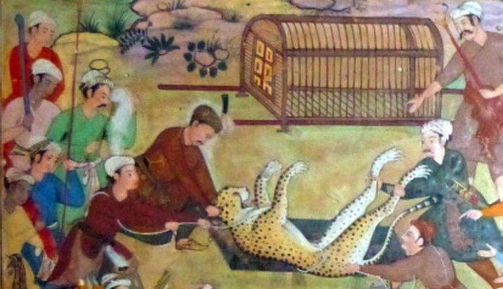 Una pintura que representa al emperador mogol Akbar con guepardos capturados