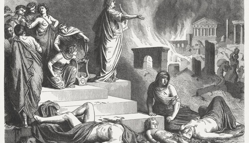 Grabado de Nerón tocando el arpa, mientras el incendio de roma. Grabado de Nerón tocando el arpa, mientras el incendio de roma.
