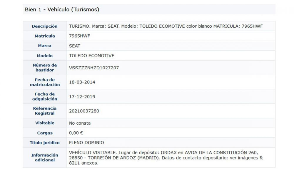 Información que se puede consultar en el portal de subastas web del BOE sobre coches a subastar. Información que se puede consultar en el portal de subastas web del BOE sobre coches a subastar.