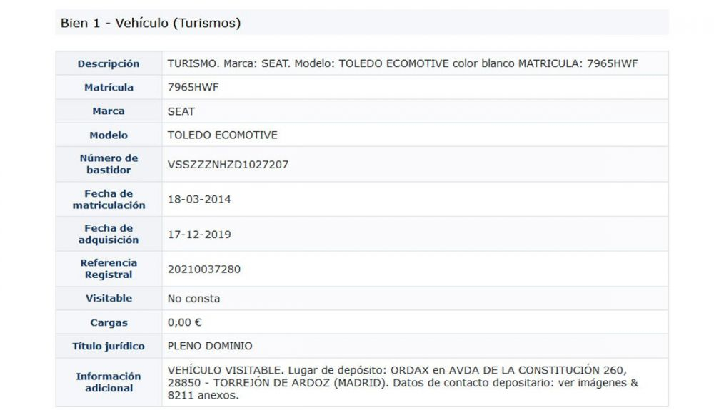 Información que se puede consultar en el portal de subastas web del BOE sobre coches a subastar.