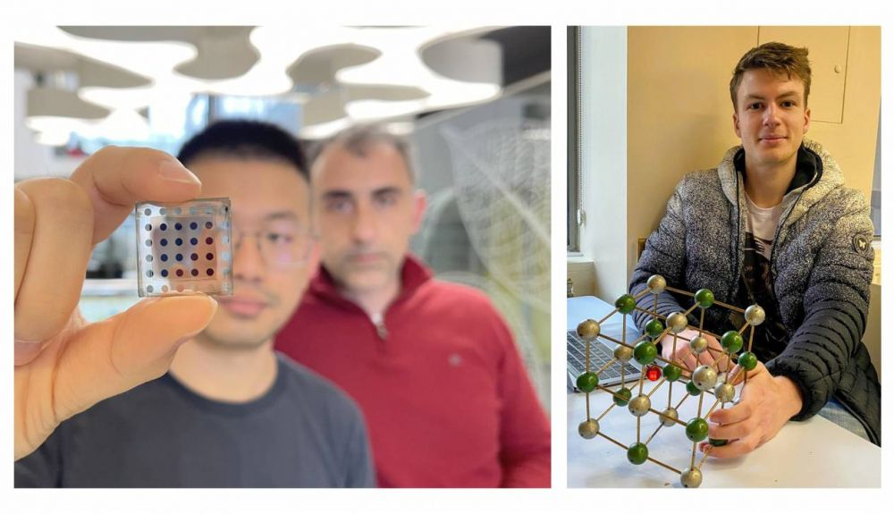 De izquierda a derecha, el investigador del ICFO Yongjie Wang, con el profesor Gerasimos Konstantatos en el fondo. A la derecha, Seán Kavanagh, investigador de UCL Imperial College De izquierda a derecha, el investigador del ICFO Yongjie Wang, con el profesor Gerasimos Konstantatos en el fondo. A la derecha, Seán Kavanagh, investigador de UCL Imperial College