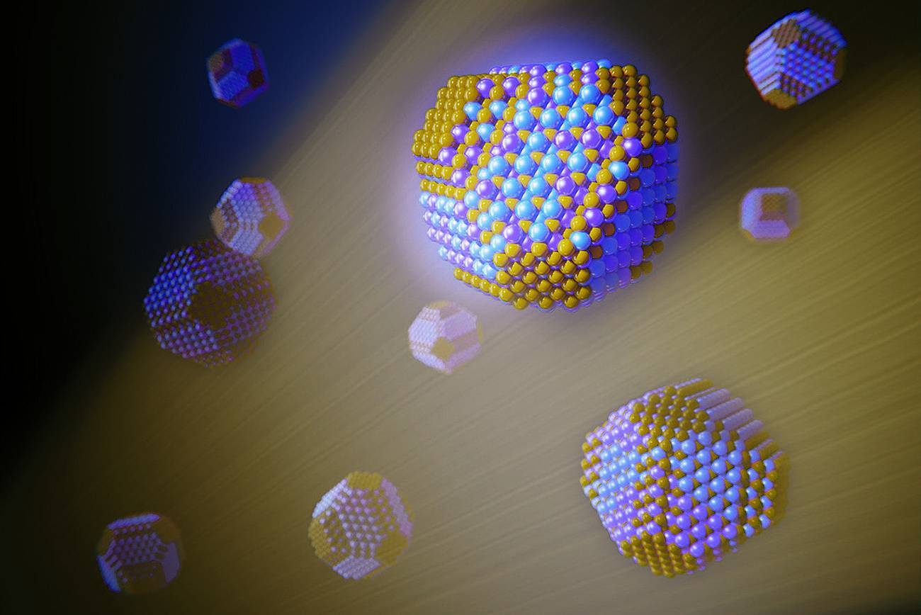 Ilustración artística de la distribución catiónica dentro de los nanocristales de sulfuro de bismuto y plata, con la que se ha logrado estas células solares.