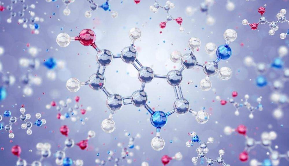 Modelo 3D de un neurotransmisor serotonina, representado en forma de estructura molecular .