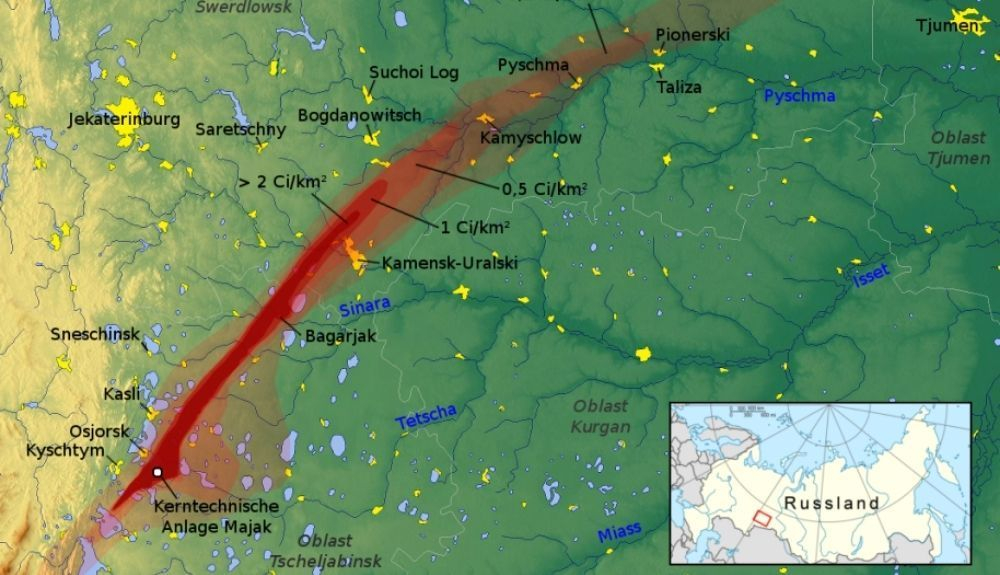 El área roja indica la propagación de material nuclear del desastre de Kyshtym.