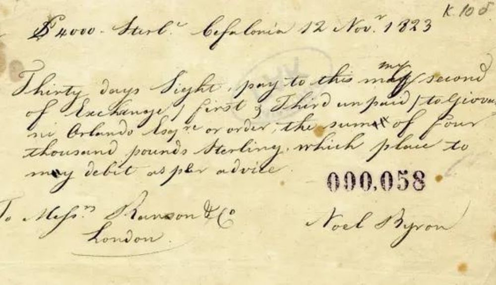 Cheque de 4.000 libras firmado por Lord Byron. Fotografía Archivo General del Estado de Grecia Cheque de 4.000 libras firmado por Lord Byron. Fotografía Archivo General del Estado de Grecia