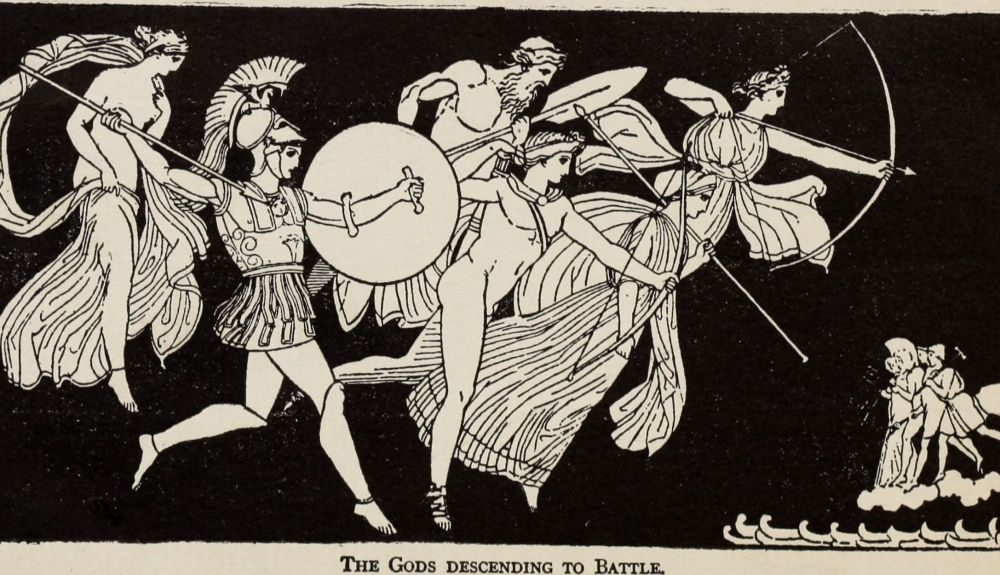 Ares y otros dioses —Apolo, Artemisa, Leto, Escamandro y Afrodita— acudiendo a luchar a favor del bando troyano en la guerra de Troya. Ares y otros dioses —Apolo, Artemisa, Leto, Escamandro y Afrodita— acudiendo a luchar a favor del bando troyano en la guerra de Troya.