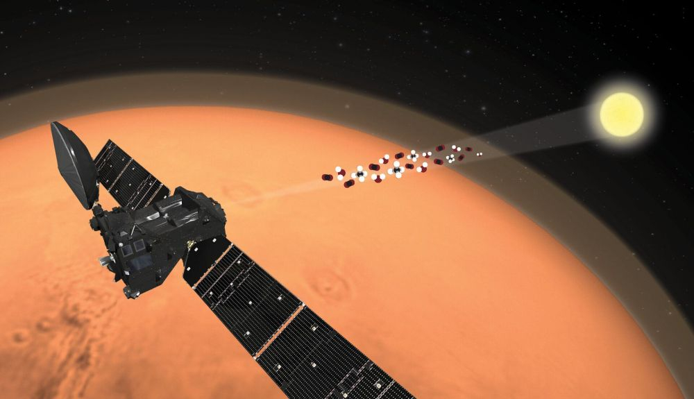 Impresión artística del ExoMars Trace Gas Orbiter (TGO) analizando la atmósfera marciana Impresión artística del ExoMars Trace Gas Orbiter (TGO) analizando la atmósfera marciana
