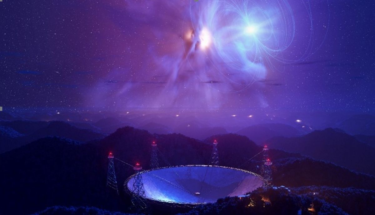 Ilustración artística del sistema estelar, brillando sobre FAST.