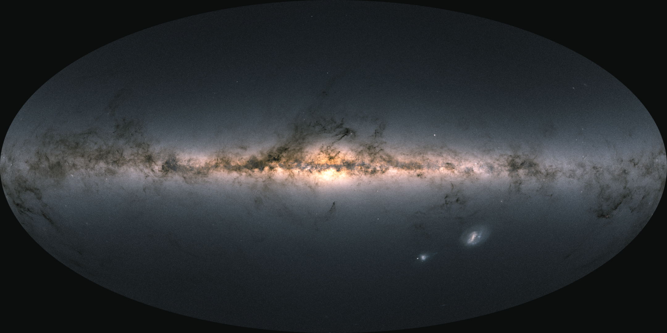 Este mapa muestra el brillo total y el color de las estrellas observadas por el satélite Gaia de la ESA.