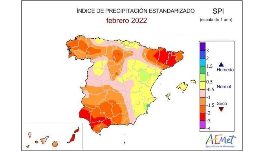Índice de precipitación estandarizado (SPI) a un año calculado a finales de febrero de 2022. Valores inferiores a  1 indican sequía meteorológica. (2)