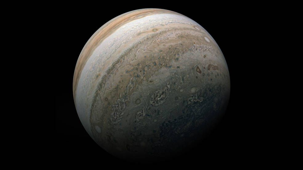 El hemisferio sur de Júpiter se muestra en esta imagen de la misión Juno de la NASA.