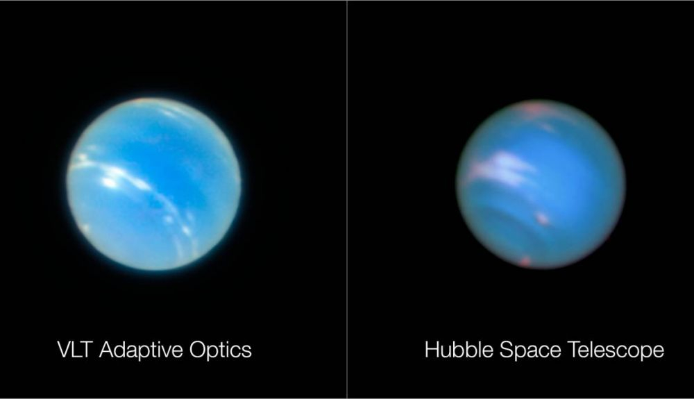 Imagen de Neptuno obtenida con el instrumento MUSE instalado en el Very Large Telescope (izq.) y otra tomada con el telescopio espacial Hubble Imagen de Neptuno obtenida con el instrumento MUSE instalado en el Very Large Telescope (izq.) y otra tomada con el telescopio espacial Hubble