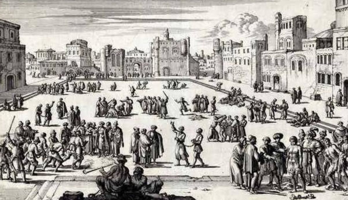 Representación de la venta de los prisioneros cristianos como esclavos en el mercado de Argel, de Jan Luyken. 1684.