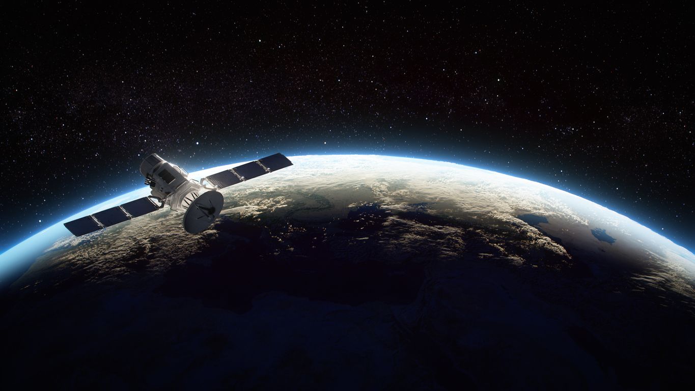 Ilustración 3D fotorrealista de un satélite en la órbita de la Tierra.