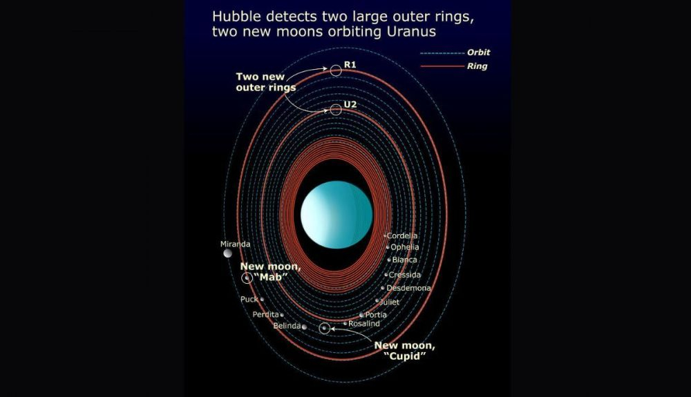 Diagrama del sistema de Urano, donde se meustra algunas de sus lunas y anillos. Nasa Diagrama del sistema de Urano, donde se meustra algunas de sus lunas y anillos. Nasa