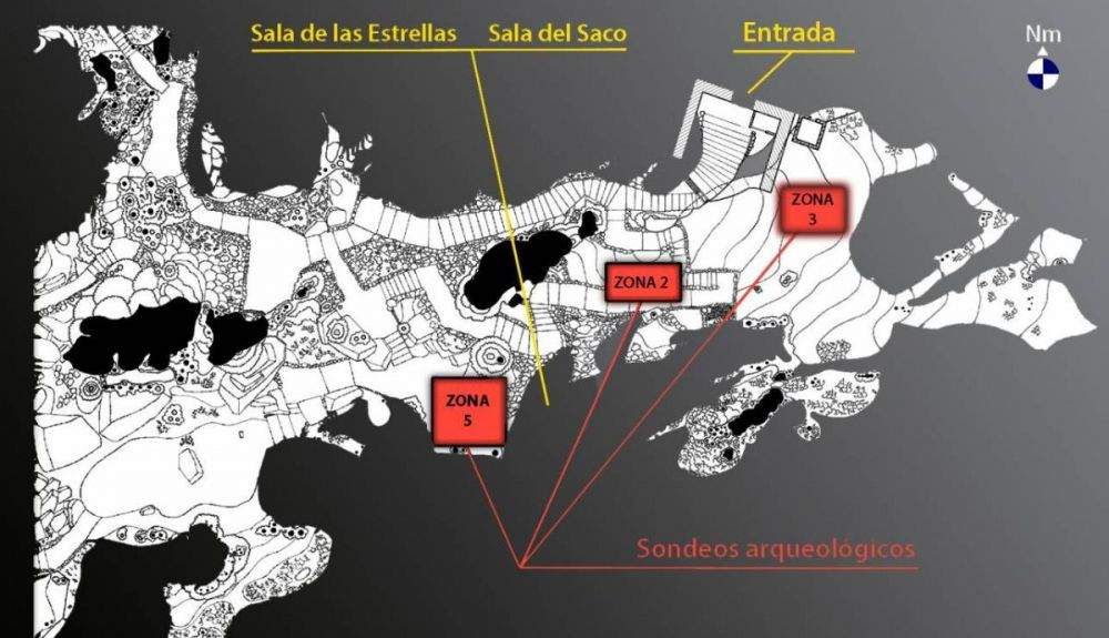 Representación de los sondeos arqueológicos en la Cueva de Ardales.
