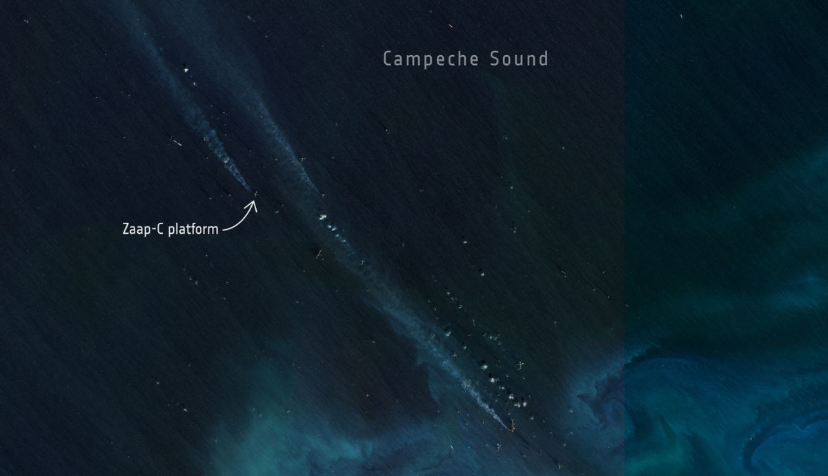 Esta imagen de Copernicus Sentinel 2  muestra la ubicación de la plataforma que emitió el metano.