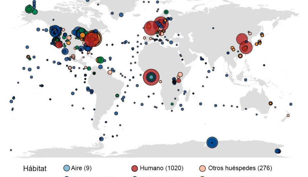 Distribución geográfica de las muestras con abundancia de GRA en diferentes hábitats. Cada punto indica una localización de muestreo. el tamaño del punto refleja el número de muestras, Distribución geográfica de las muestras con abundancia de GRA en diferentes hábitats. Cada punto indica una localización de muestreo. el tamaño del punto refleja el número de muestras,
