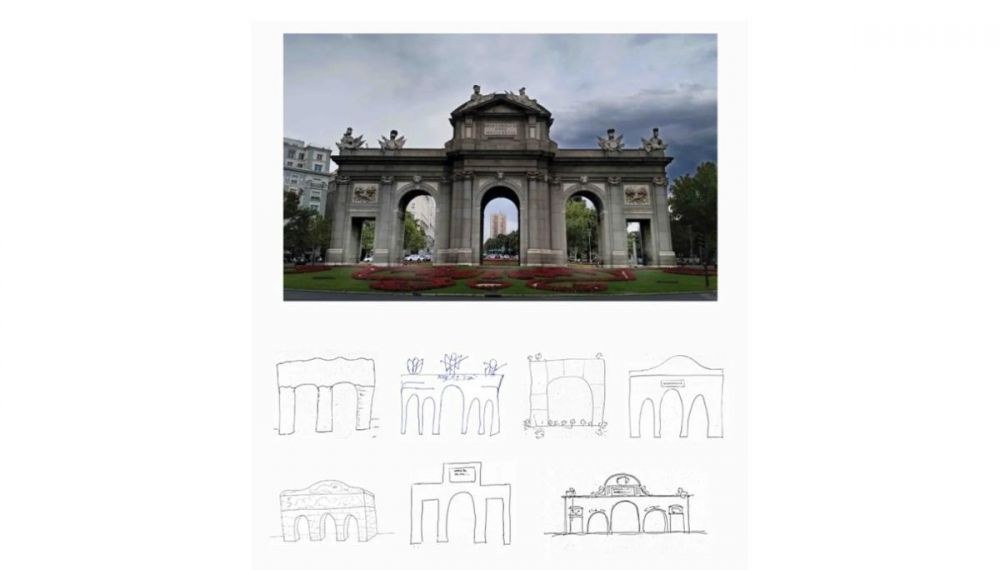 La Puerta de Alcalá de Madrid (arriba) y algunos ejemplos de los dibujos que los participantes realizaron en la investigación de Montoro y Ruiz (2022).