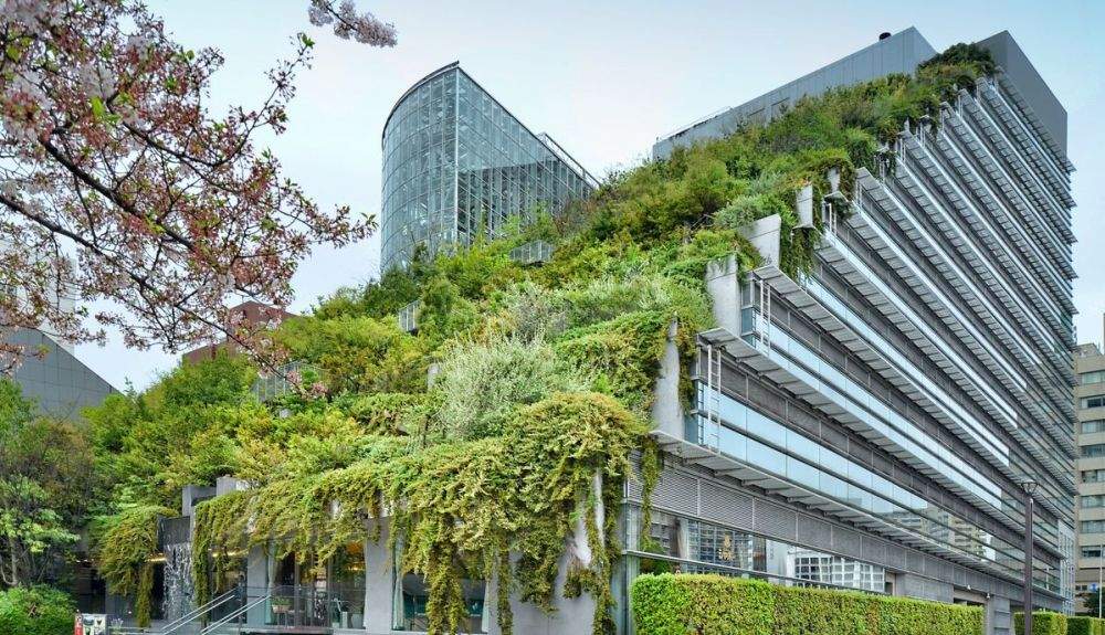 Edificio de Japón con cubierta verde.