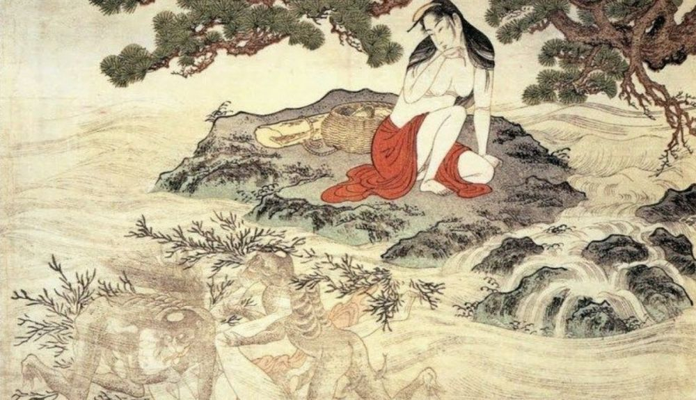 Una buceadora observa cómo dos criaturas de río escamosas llamadas kappa atacan y violan a su compañera bajo las olas, por , 1788, a través del Museo Británico. (2) Una buceadora observa cómo dos criaturas de río escamosas llamadas kappa atacan y violan a su compañera bajo las olas, por , 1788, a través del Museo Británico. (2)