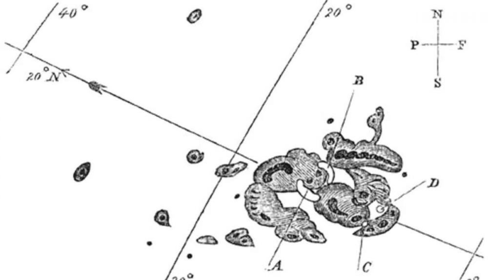 Manchas solares del 1 de septiembre de 1859, esbozadas por R.C. Carrington. Manchas solares del 1 de septiembre de 1859, esbozadas por R.C. Carrington.