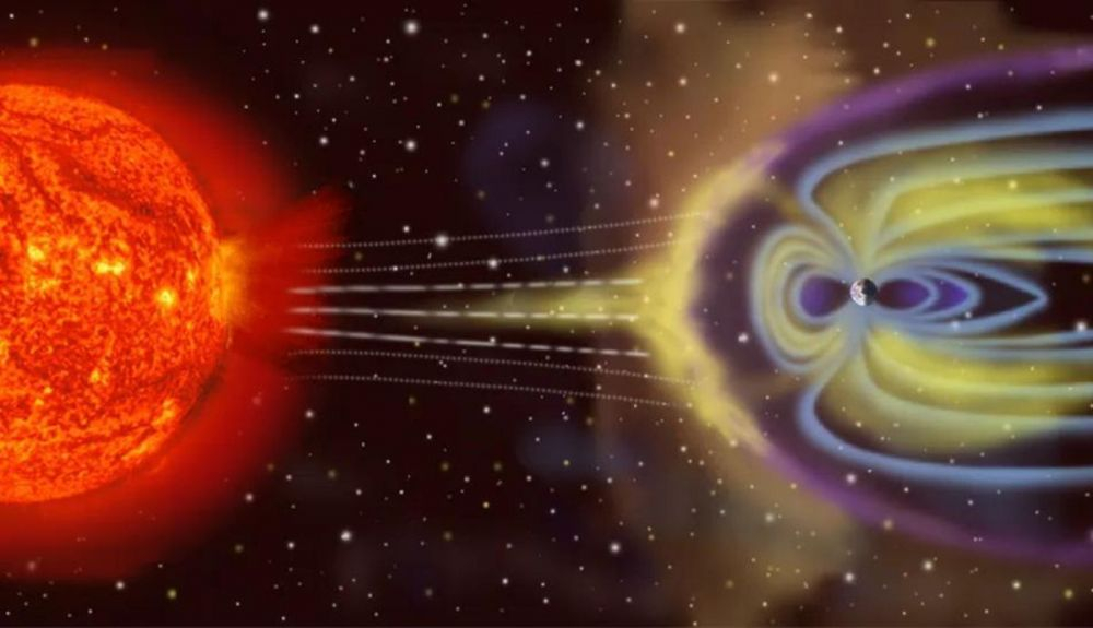 Representación de la interacción del viento solar con la magnetosfera de la Tierra. Representación de la interacción del viento solar con la magnetosfera de la Tierra.