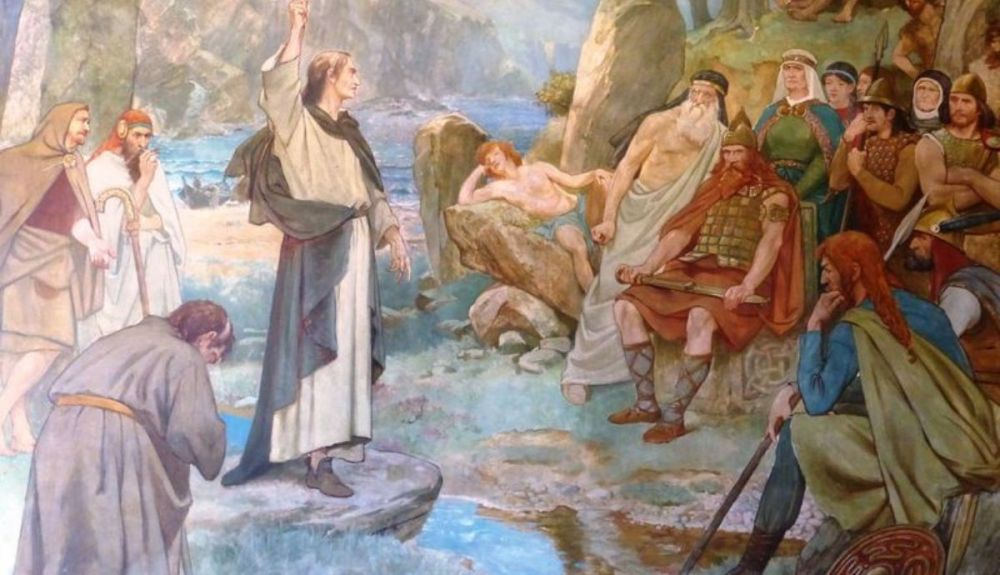 Un mural, pintado en 1899, que representa a San Columba convirtiendo a los pictos a mediados del siglo VI. Un mural, pintado en 1899, que representa a San Columba convirtiendo a los pictos a mediados del siglo VI.