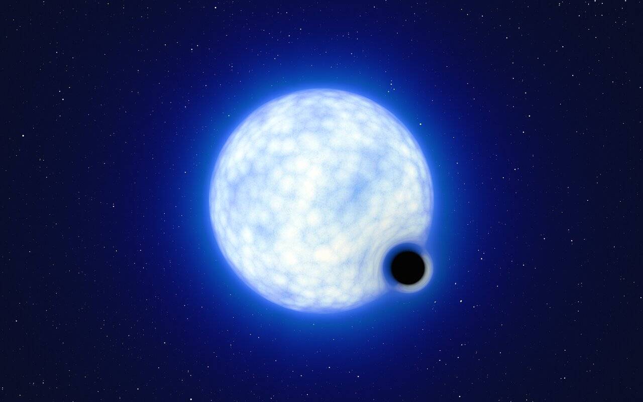 Ilustración del sistema binario VFTS 243, compuesto por una estrella azul caliente y un agujero negro. .