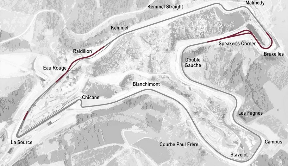 Plano del circuito de Spa Francorchamps con los cambios realizados en su trazado marcados en rojo 