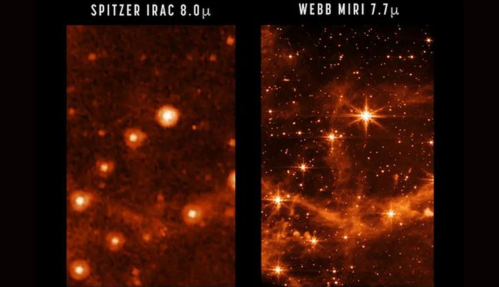 Comparación entre las imágenes infrarrojas obtenidas con los telescopios Spitzer (izquierda) y Webb (derecha, mucho más nítidas). NASA.