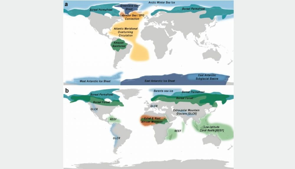 Mapas que muestran los elementos de inflexión climática del núcleo global (a) y el impacto regional (b) identificados en este estudio. Mapas que muestran los elementos de inflexión climática del núcleo global (a) y el impacto regional (b) identificados en este estudio.