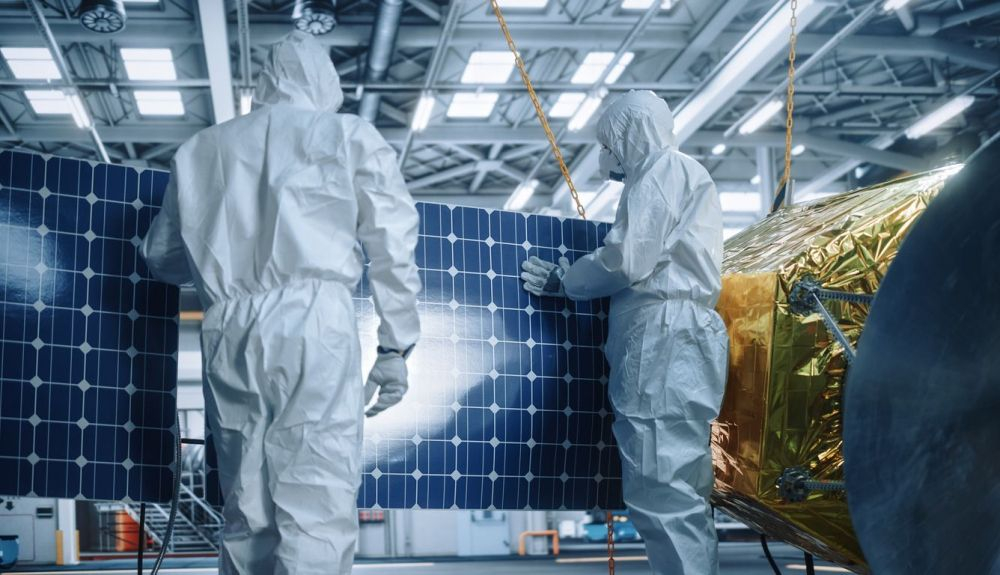 Ingeniero y técnico con trajes de protección, trabajando en la construcción de satélites. Ingeniero y técnico con trajes de protección, trabajando en la construcción de satélites.