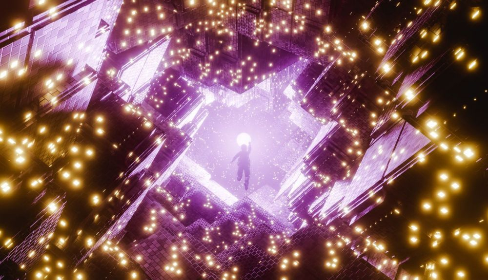 Túnel abstracto espacial con astronauta flotante en el pasillo a la estrella. Concepto de multiverso. Túnel abstracto espacial con astronauta flotante en el pasillo a la estrella. Concepto de multiverso.