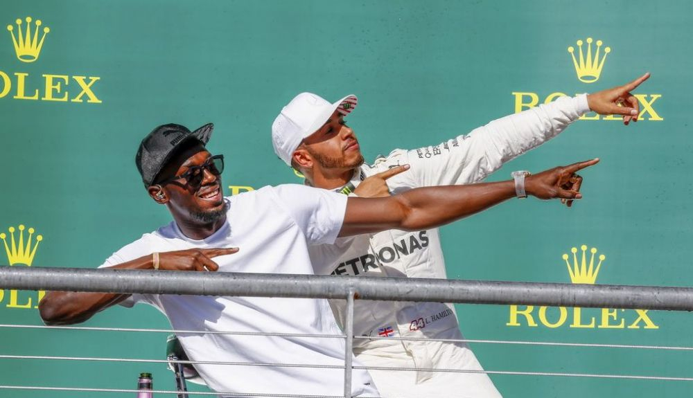 Hamilton ganó el GP de USA en 2017 En el podio junto a Usain Bolt Hamilton ganó el GP de USA en 2017 En el podio junto a Usain Bolt