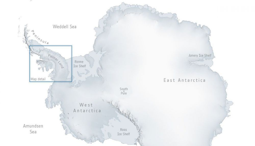 Ubicación de la plataforma de hielo George VI, que se encuentra entre la costa oeste de Palmer Land y la costa este de Alexander Island.