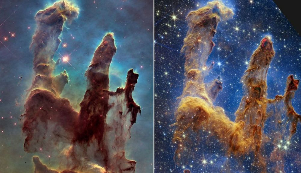 Los Pilares de la Creación captados por el Telescopio Espacial Hubble en 2014, a la izquierda, y la nueva imagen del James Webb. Los Pilares de la Creación captados por el Telescopio Espacial Hubble en 2014, a la izquierda, y la nueva imagen del James Webb.