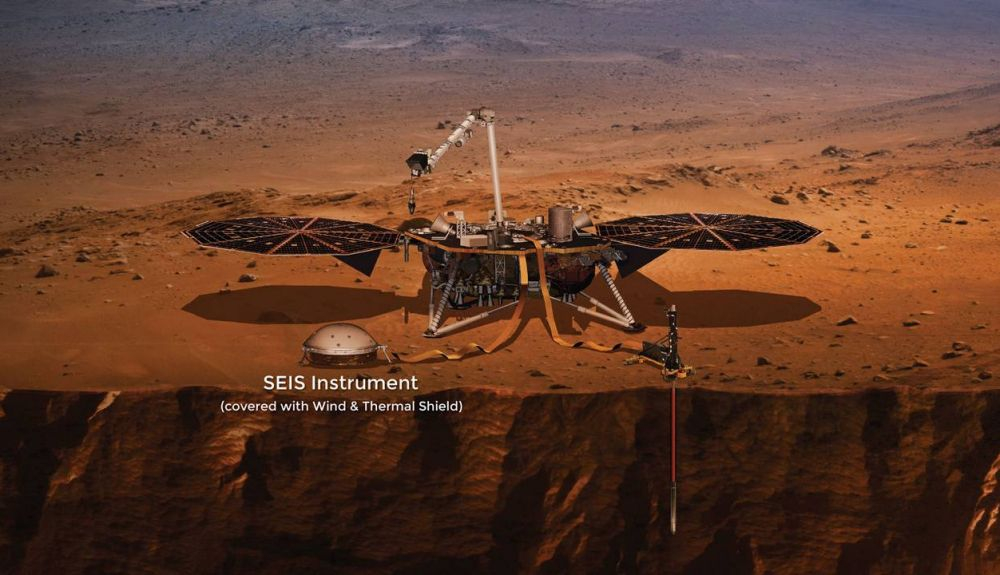 Ilustración del módulo de aterrizaje InSight en Marte, con su sismómetro SEIS Ilustración del módulo de aterrizaje InSight en Marte, con su sismómetro SEIS