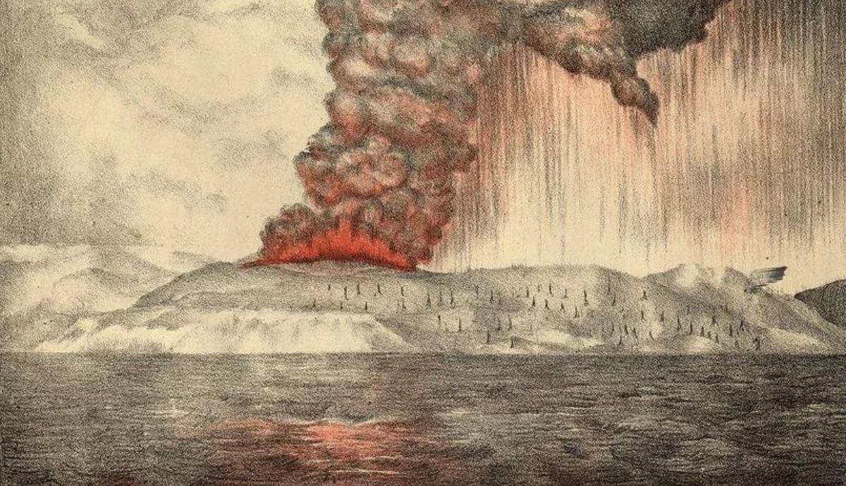 Detalle de una litografía de 1888 sobre la erupción del volcán Krakatoa en 1883.