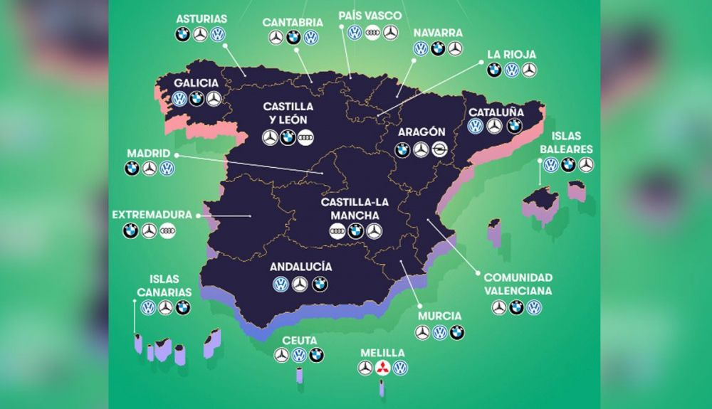 Estas son las marcas que más vehículos de segunda mano venden en España, por comunidades. Gráfico Time2play.