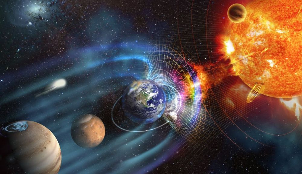 Líneas magnéticas de fuerza que rodean la Tierra conocidas como magnetosfera contra el viento solar del Sol