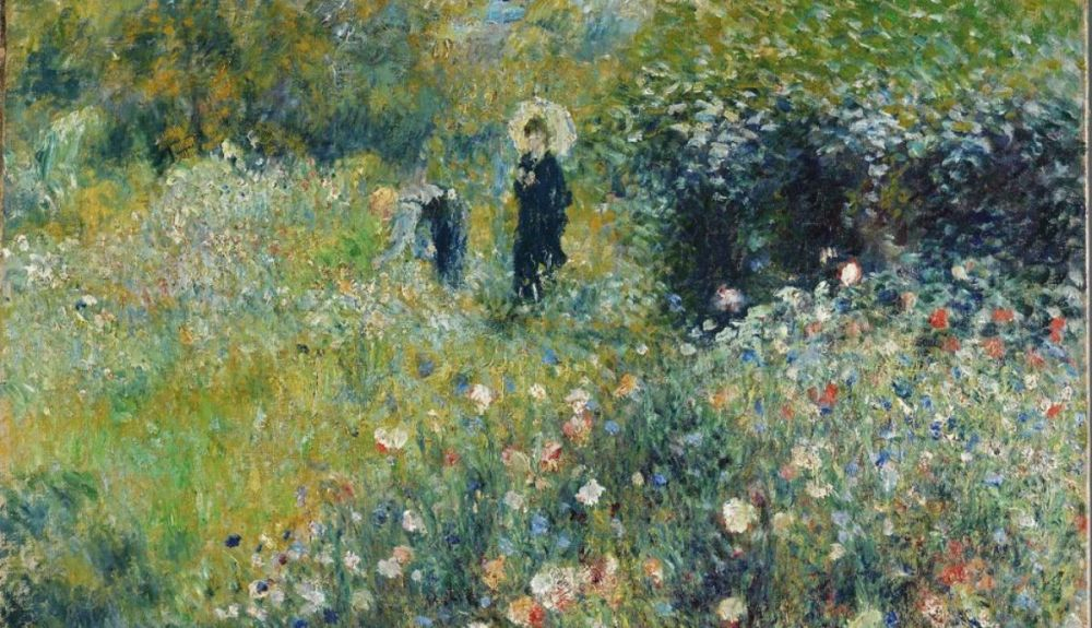 En Mujer con sombrilla en un jardín , el lenguaje de Renoir es totalmente impresionista.