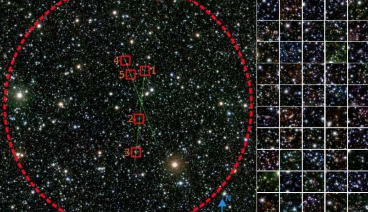 Una imagen compuesta muestra las 58 galaxias agrupadas en la zona de evasión detrás de la Vía Láctea.