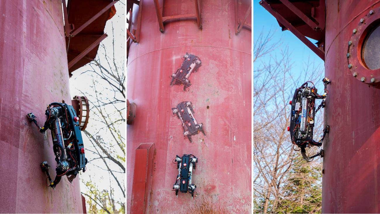 Robots MARVEL trepando por un tanque de metal.