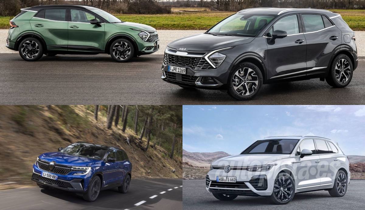 Tres SUV medios frente a frente, Kia Sportage, Renault Austral y VW Tiguan 2023