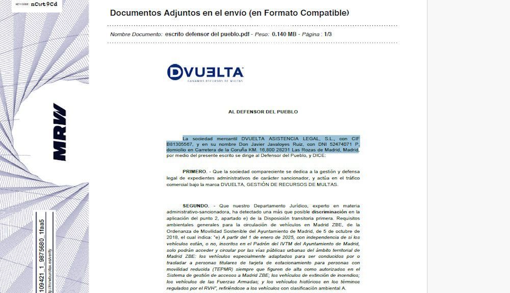 Justificante del escrito presentado por Dvuelta al Defensor del Pueblo Justificante del escrito presentado por Dvuelta al Defensor del Pueblo